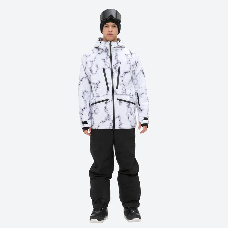 Men's 3L waterproof suspender snow pants - white marble print jacket with black pants, for skiing and snowboarding