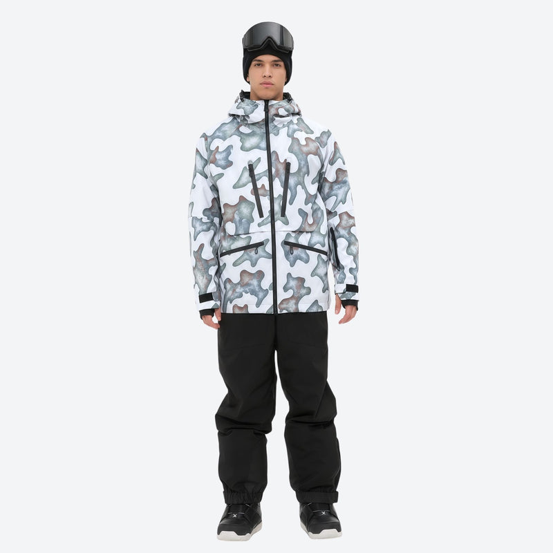 Men's adjustable ski pants with suspenders - gray camo print jacket with black pants, for deep powder winter days