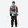 Insulated bib snow pants for men - orange and blue abstract print jacket with black pants, for deep powder winter days
