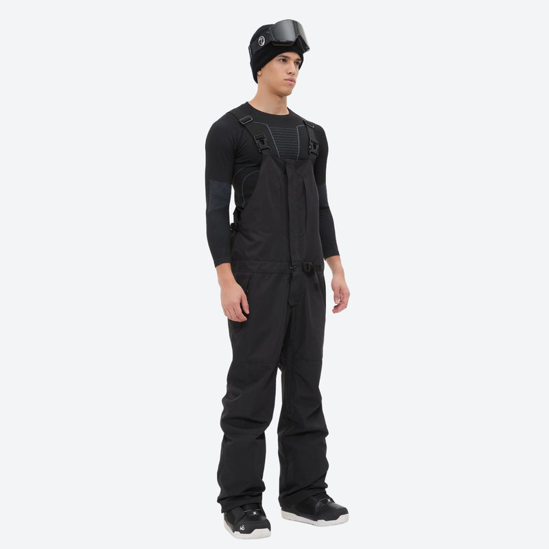 Men's 3L waterproof suspender snow pants - black bib pants, on-model front view, for resort and backcountry days