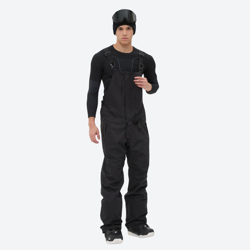 Insulated bib snow pants for men - black bib pants, on-model side view, for cold-weather winter sports