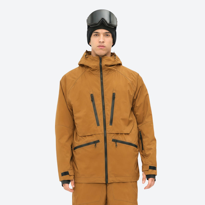 Men's 3L waterproof suspender snow pants - amber tan, on-model front view, for deep powder winter days