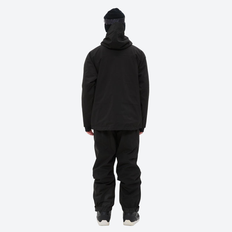 Men's adjustable ski pants with suspenders - black jacket with black pants, on-model back view, for skiing and snowboarding