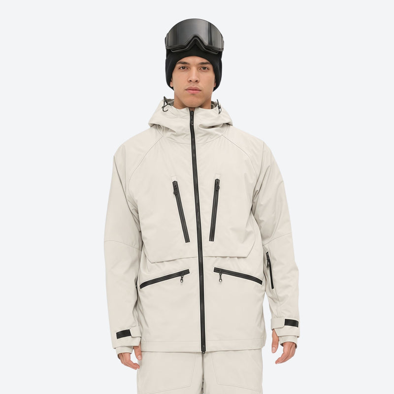 Men's 3L waterproof suspender snow pants - cream, on-model front view, for skiing and snowboarding