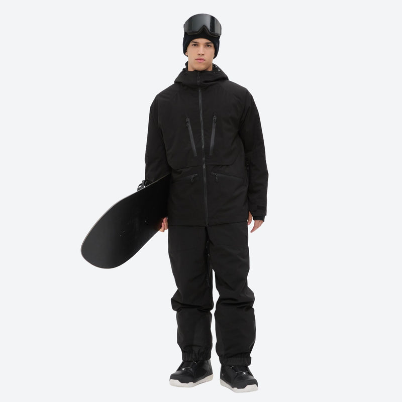 Men's 3L waterproof suspender snow pants - black jacket with black pants, for deep powder winter days