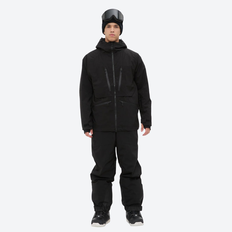 Insulated bib snow pants for men - black jacket with black pants, on-model full-body front view, for skiing and snowboarding