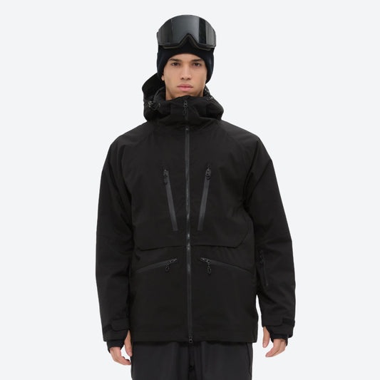 Insulated bib snow pants for men - black, on-model front view, for resort and backcountry days
