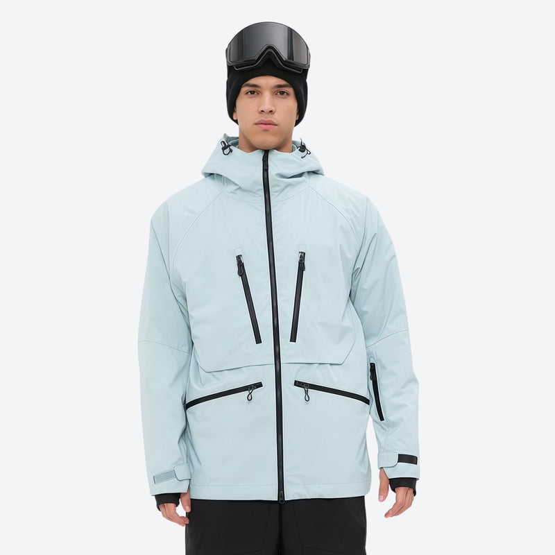 Insulated bib snow pants for men - ice blue, on-model front view, for cold-weather winter sports