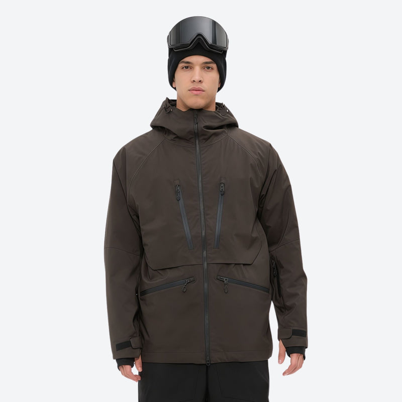 Men's adjustable ski pants with suspenders - coffee brown, on-model front view, for resort and backcountry days