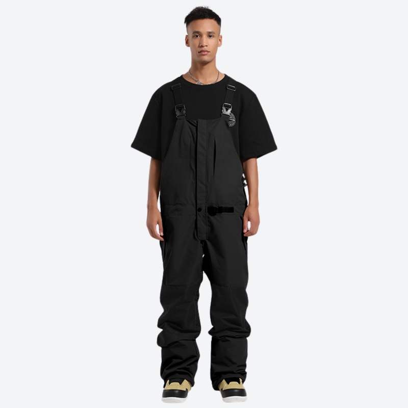 Breathable 3-layer suspender ski pants with pockets - black bib snow pants with black tee, for skiing and snowboarding