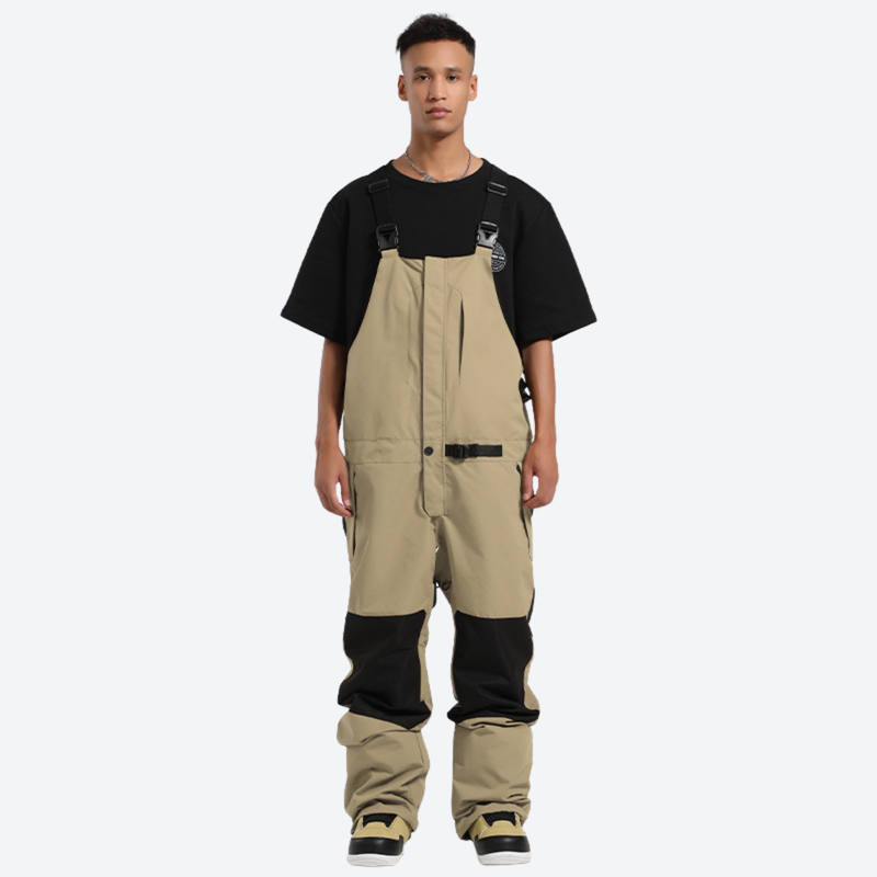 Unisex waterproof 3L bib snow pants - beige bib snow pants with black tee, for resort and backcountry days