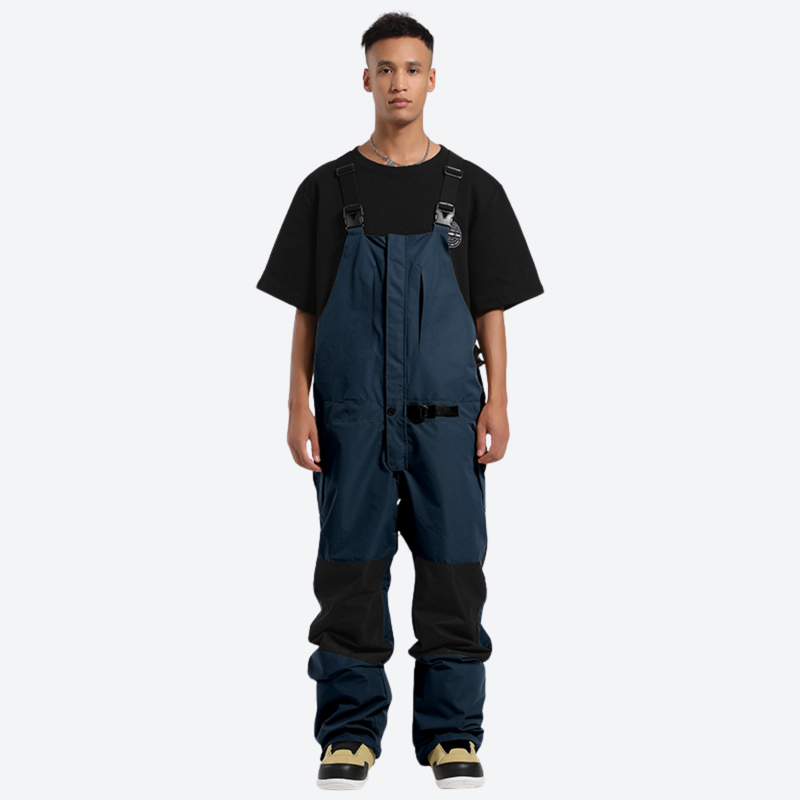 Breathable 3-layer suspender ski pants with pockets - navy denim bib snow pants with black tee, for powder and piste riding