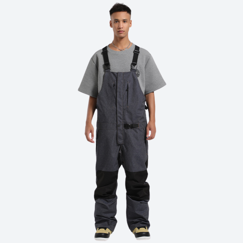 Breathable 3-layer suspender ski pants with pockets - gray bib snow pants with gray tee, for resort and backcountry days