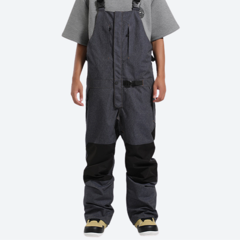 Unisex waterproof 3L bib snow pants - gray bib snow pants with gray tee, front cropped view, for cold-weather winter sports