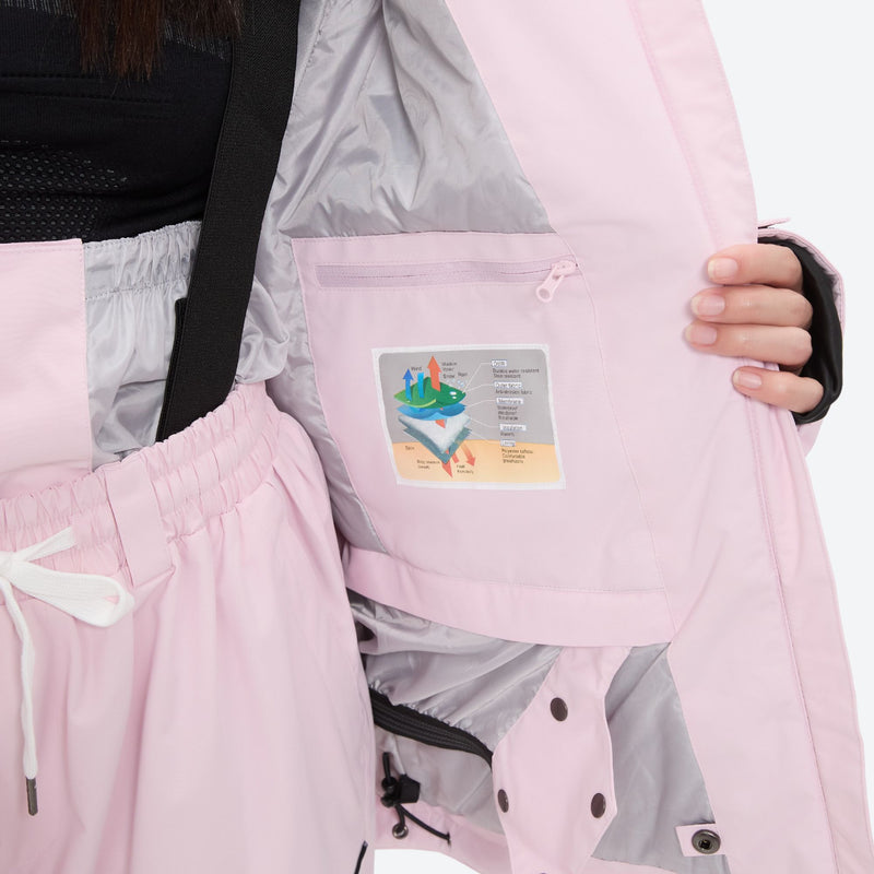 Women's 2-layer snowboard jacket and bibs - light pink, interior label close-up detail, for skiing and snowboarding