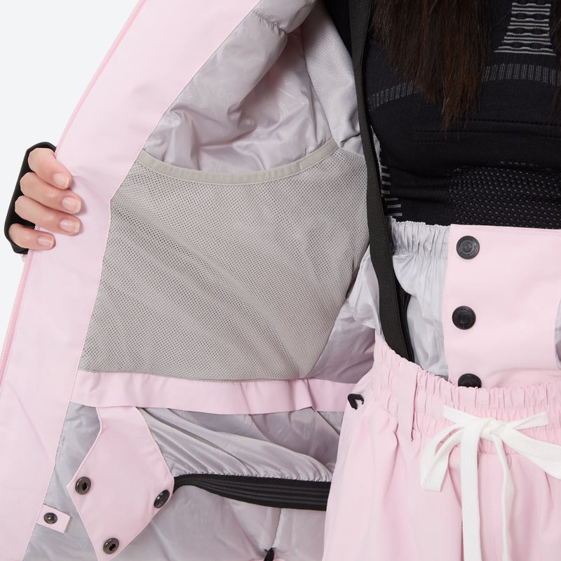 Women's quilted lining ski jacket with suspender bibs - light pink, for cold-weather winter sports