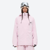 
                  
                    Women's quilted lining ski jacket with suspender bibs - light pink jacket, on-model front view, for resort and street wear
                  
                