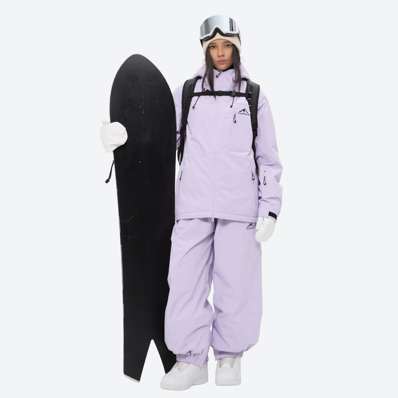Women's 2-layer snowboard jacket and bibs - lavender jacket with lavender bib pants, for skiing and snowboarding