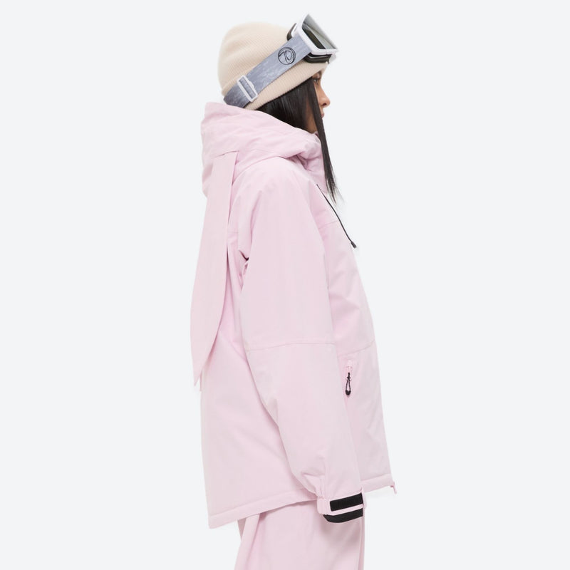 Women's quilted lining ski jacket with suspender bibs - light pink jacket, on-model side view, for cold-weather winter sports