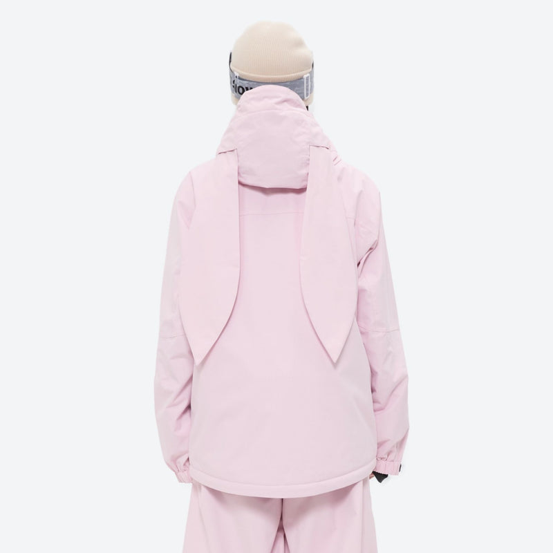 Women's 2-layer snowboard jacket and bibs - light pink jacket, on-model back view, for skiing and snowboarding