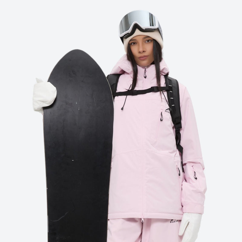 Women's 2-layer snowboard jacket and bibs - light pink jacket, for powder days and winter commute