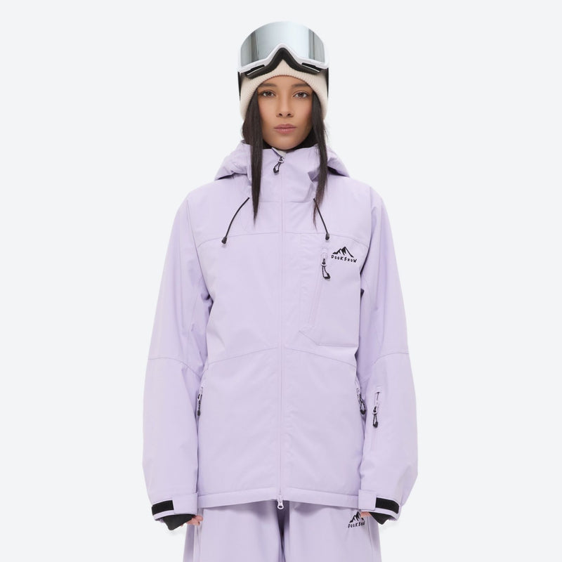 Women's quilted lining ski jacket with suspender bibs - lavender jacket, on-model front view, for cold-weather winter sports