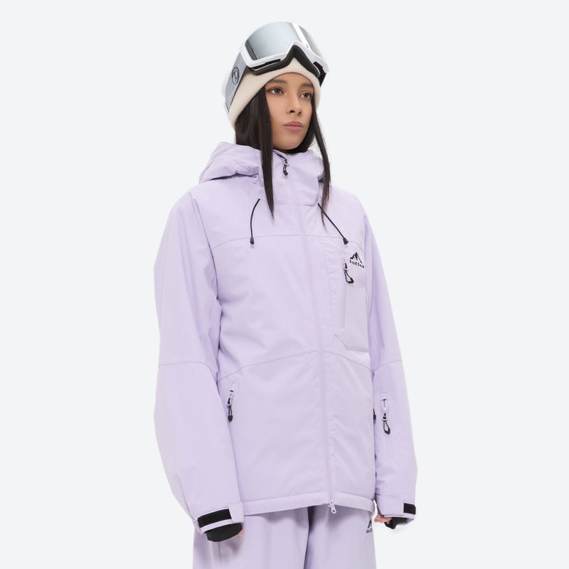 Women's 2-layer snowboard jacket and bibs - lavender jacket, on-model front view, for cold-weather winter sports