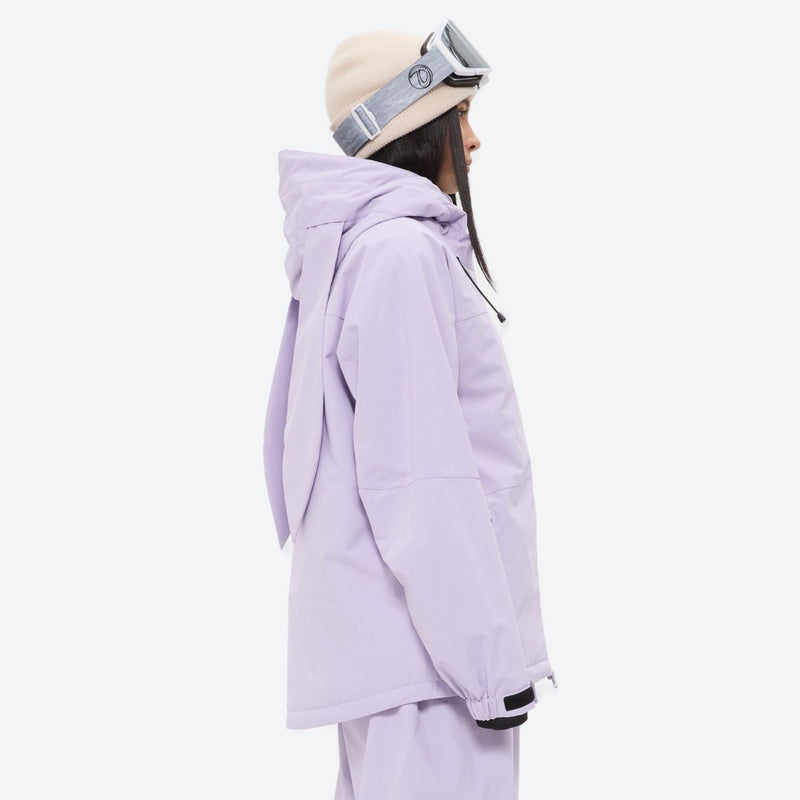 Women's waterproof 2L snow jacket and bib pants series - lavender jacket, on-model side view, for skiing and snowboarding