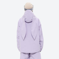 
                  
                    Women's quilted lining ski jacket with suspender bibs - lavender jacket, on-model back view, for resort and street wear
                  
                
