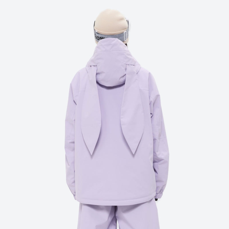 Women's quilted lining ski jacket with suspender bibs - lavender jacket, on-model back view, for resort and street wear