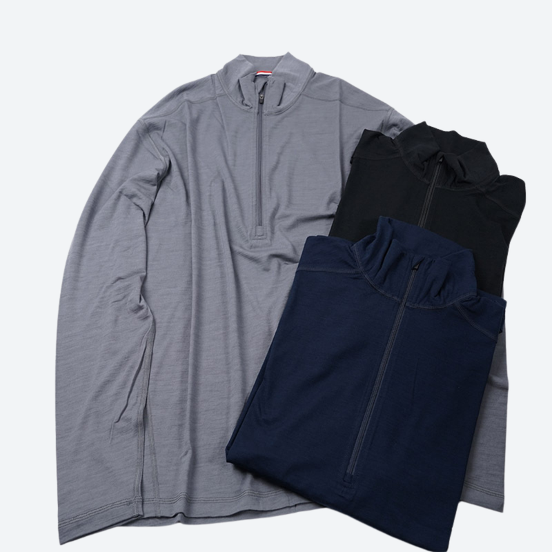 Men's breathable pure merino wool long-sleeve - gray and navy merino wool half-zip top, for layering in cold weather