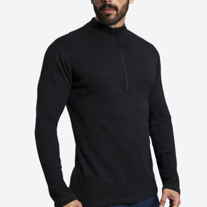 Men's 100% merino wool half-zip base layer top - black merino wool half-zip top on men, for layering in cold weather