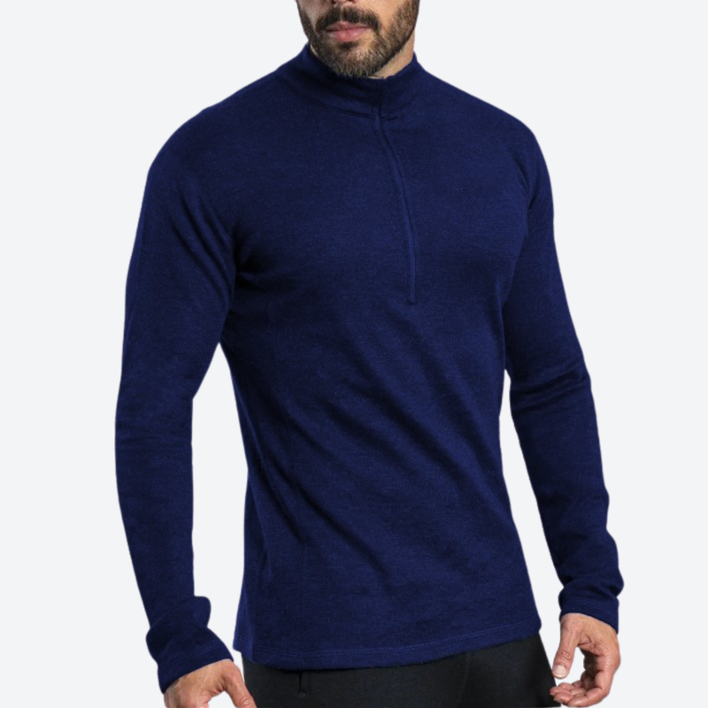 Men's breathable pure merino wool long-sleeve - navy merino wool half-zip top on men, for hiking and trail walking