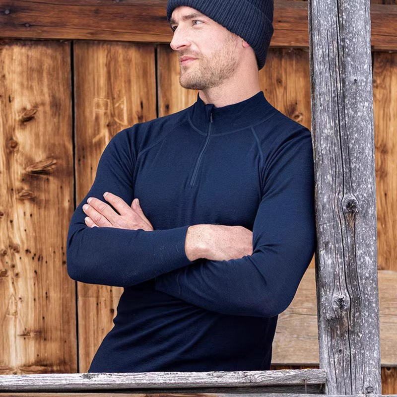 Men's soft merino wool baselayer with half-zip collar - navy merino wool half-zip top on men with beanie