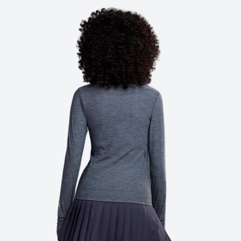 Women's 100% merino wool half-zip base layer top - gray merino wool half-zip top on women, for layering in cold weather