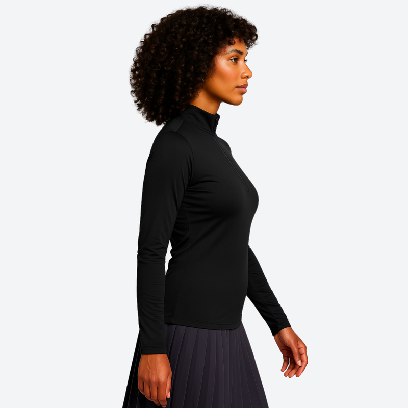 Women's 100% merino wool half-zip base layer top - black merino wool half-zip top on women, for hiking and trail walking