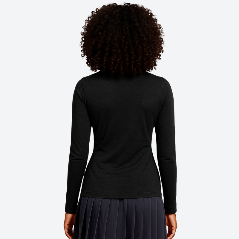 Women's soft merino wool baselayer with half-zip collar - black merino wool half-zip top on women, back standing view