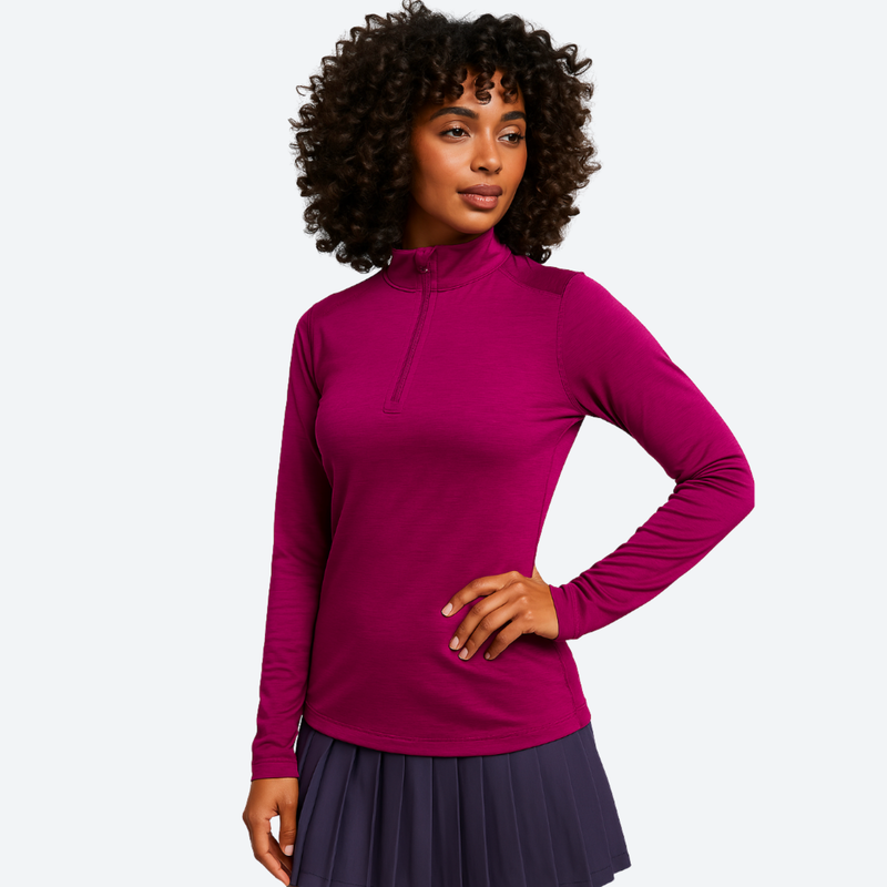 Women's breathable pure merino wool long-sleeve - magenta merino wool half-zip top on women, for skiing and snowboarding