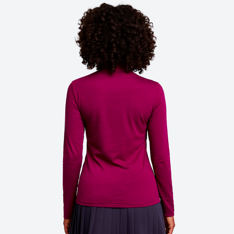 Women's 100% merino wool half-zip base layer top - magenta merino wool half-zip top on women, for travel and daily commute