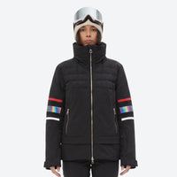 
                  
                    Women's breathable striped ski jacket with bibs - black jacket with black pants, for resort and backcountry days
                  
                