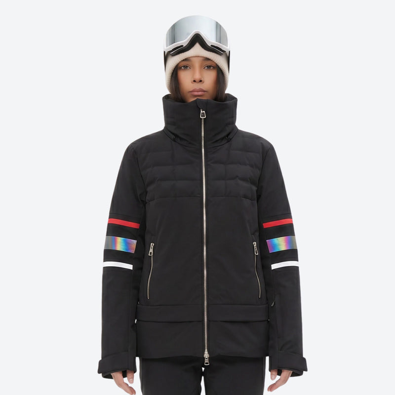 Women's breathable striped ski jacket with bibs - black jacket with black pants, for resort and backcountry days