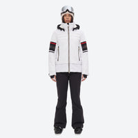 
                  
                    Women's waterproof 3L snow jacket and bib pants - white jacket with black pants, for cold-weather winter sports
                  
                