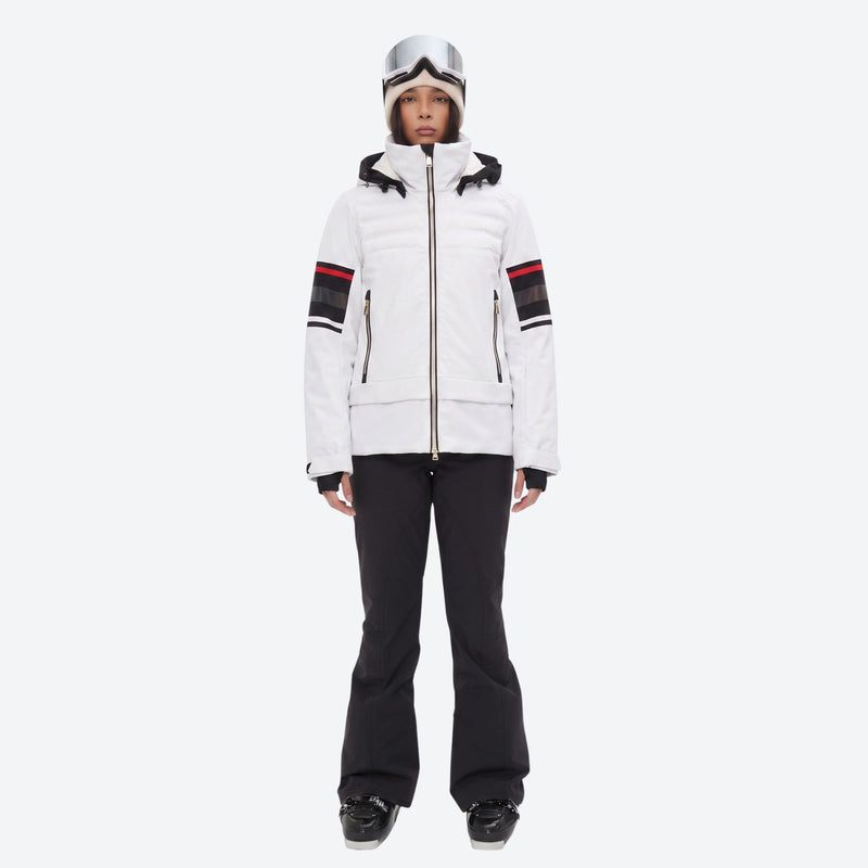 Women's waterproof 3L snow jacket and bib pants - white jacket with black pants, for cold-weather winter sports