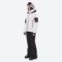 
                  
                    Women's breathable striped ski jacket with bibs - white jacket with black pants, for skiing and snowboarding
                  
                