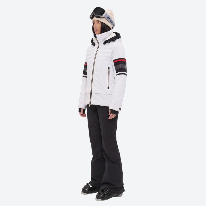 Women's breathable striped ski jacket with bibs - white jacket with black pants, for skiing and snowboarding