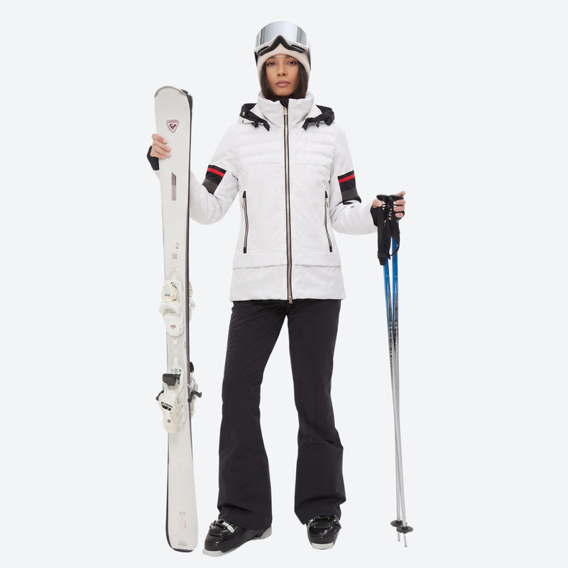 Women's 3-layer snowboard jacket and bib pants - white jacket with black pants, for resort and backcountry days
