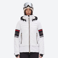 
                  
                    Women's waterproof 3L snow jacket and bib pants - white jacket, on-model front view, for resort and backcountry days
                  
                