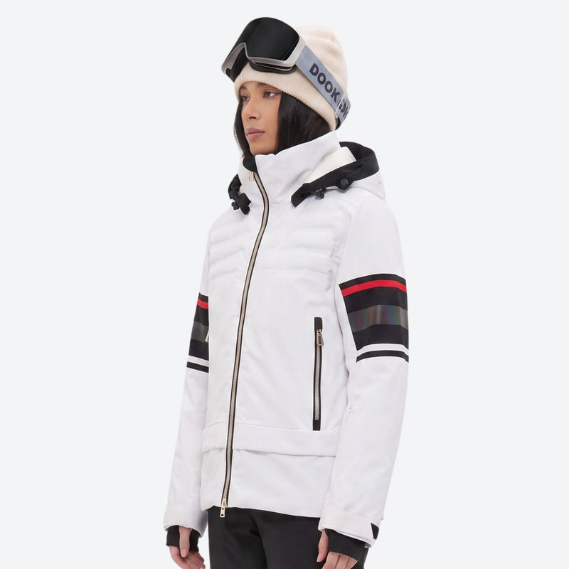 Women's breathable striped ski jacket with bibs - white jacket, for powder and piste riding