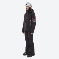 
                  
                    Women's breathable striped ski jacket with bibs - black jacket with black pants, for cold-weather winter sports
                  
                