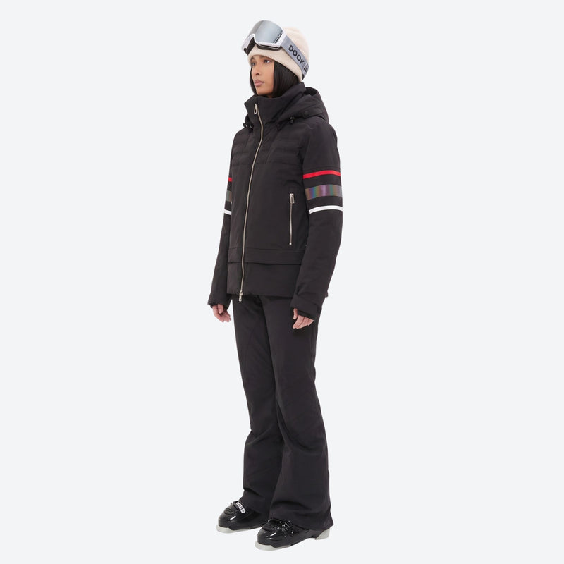 Women's breathable striped ski jacket with bibs - black jacket with black pants, for cold-weather winter sports